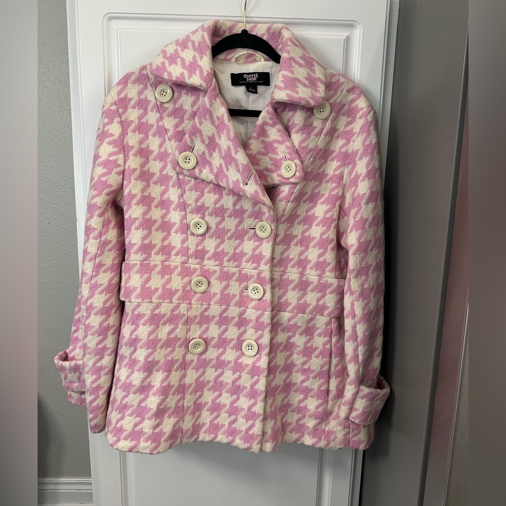 Coffee Shop Brand Pink & Cream Houndstooth Peacoat Jacket